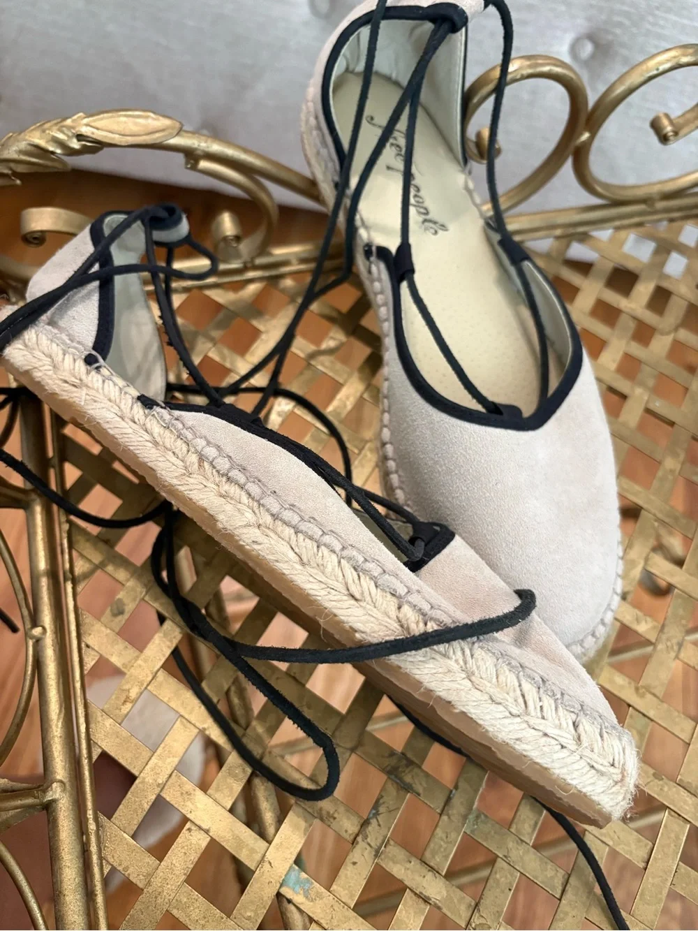 Free People Cream Espadrille Lace-Up Flats with Black Trim